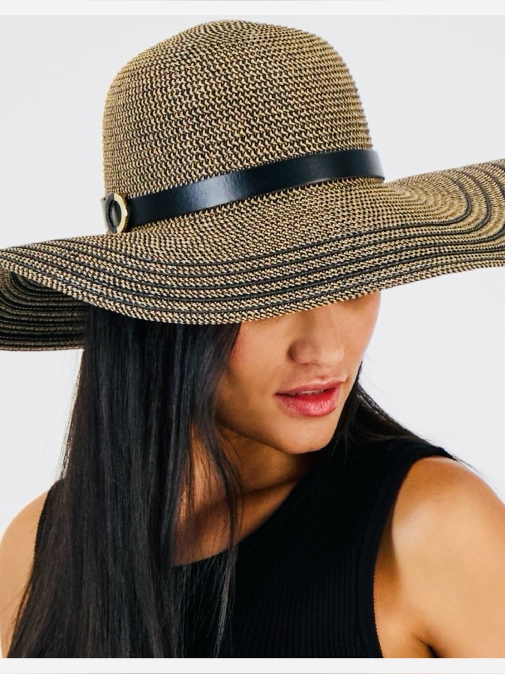 INC Wide Brim Black and Tan Straw Sun Hat with Black Band and Buckle- Women